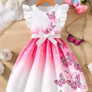 Girls' Flutter Sleeve Ruffle Dress with Butterfly Print