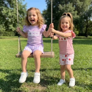 Girls 2-Piece Shorts Set with Ruffled Cap Sleeve & Gingham Checkered Shorts