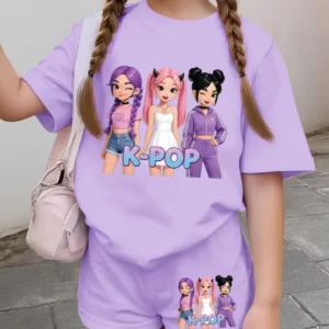 Girls K-Pop Cartoon Print Shorts Set