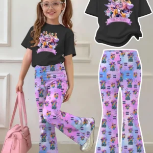 Girls 2-Piece 2026 Black K-POP Concert Print T-Shirt & Flared Leggings Set