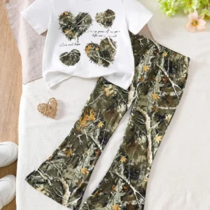 Camo Heart Graphic Short Sleeved T-Shirt with Flared Camo Leggings