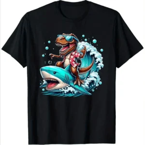 Unisex T-Shirt With Surfing T-Rex Riding Shark