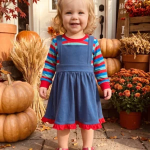 Girls Long Sleeve Striped T-Shirt with Denim Jumper
