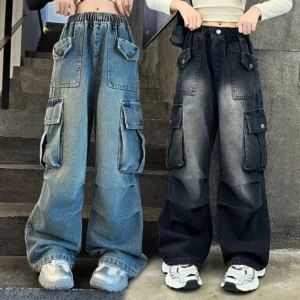 Girls Loose Jeans with Cargo Pockets