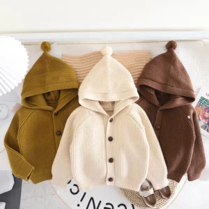 Unisex Long-Sleeved Button-Down Hooded Knit Sweater 